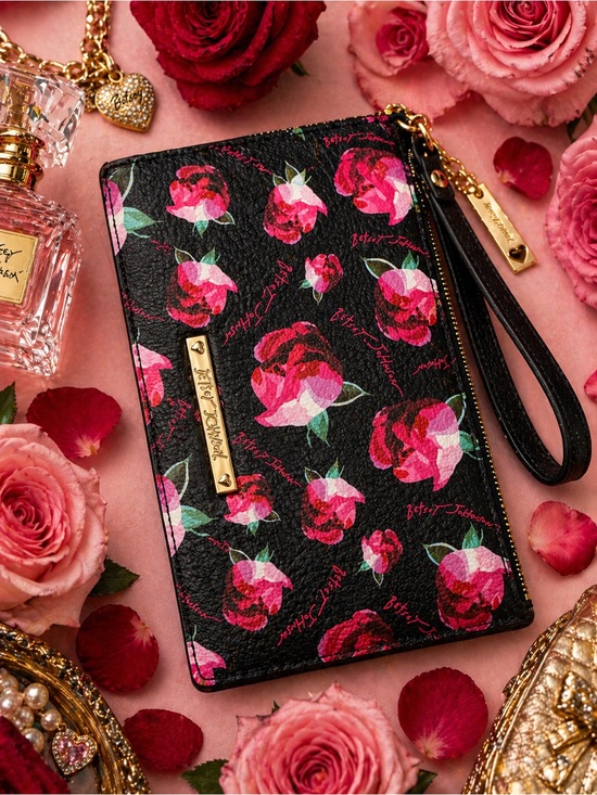 Betsey Johnson Handbags - Betsey Johnson Black Wristlet Clutch with Pink Floral Print